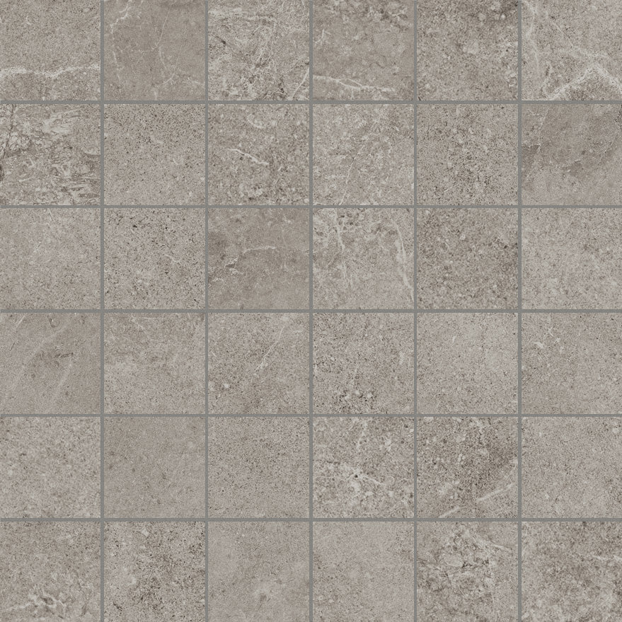 Charleston Grey porcelain mosaic, top-down product view, 12"×12"×5/16" size. Premium porcelain for floors and walls.