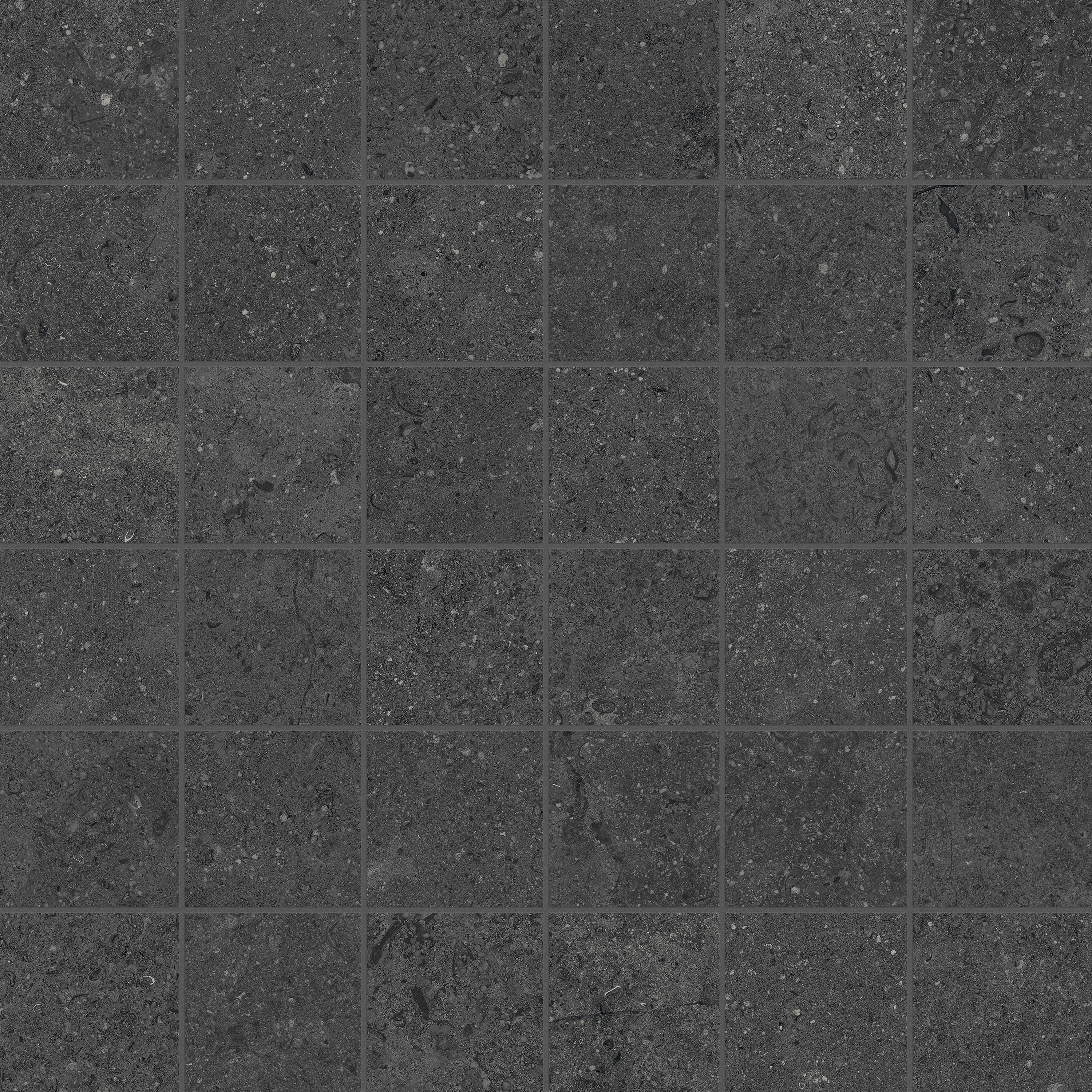 Mood Charcoal porcelain mosaic, top-down product view, 12"×12"×11/32" size. Premium porcelain for floors and walls.