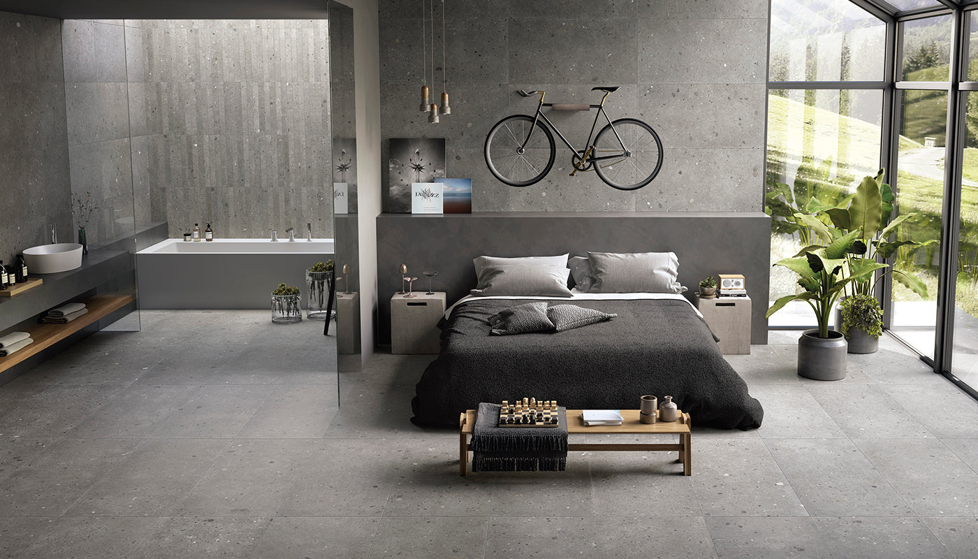 Ego Grigio Scuro porcelain field tile by Emil, tecnica finish, 23 5/8"x47 1/4"x9.5-mm size. Premium Italian porcelain for floors and walls.