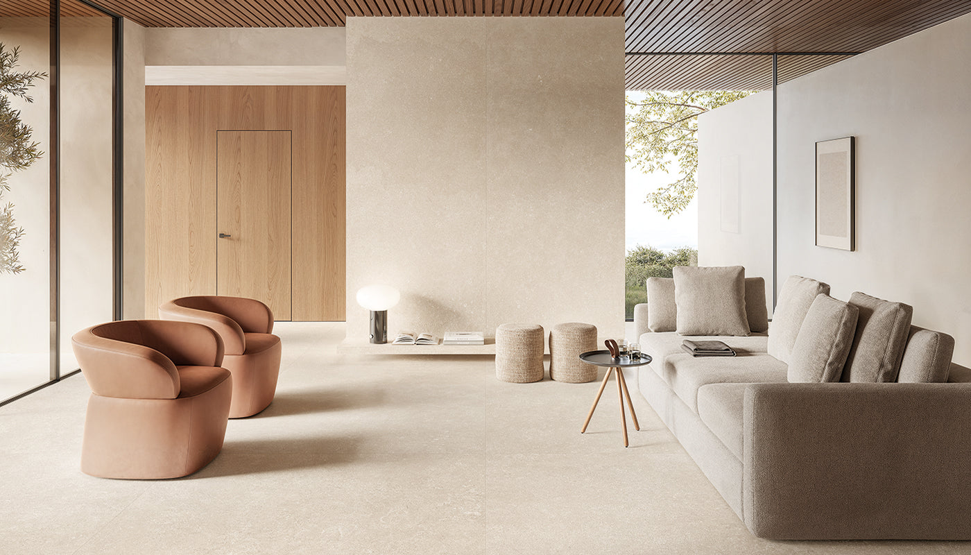 MaPierre Beige porcelain field tile by Emil, naturale finish, 62 63/64"x62 63/64"x9-mm size. Premium Italian porcelain for floors and walls.