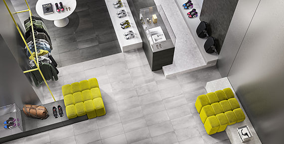 CHICAGO Silver porcelain trim, lifestyle installation view 2, 3"×24"×5/16" size. Premium porcelain for floors and walls.