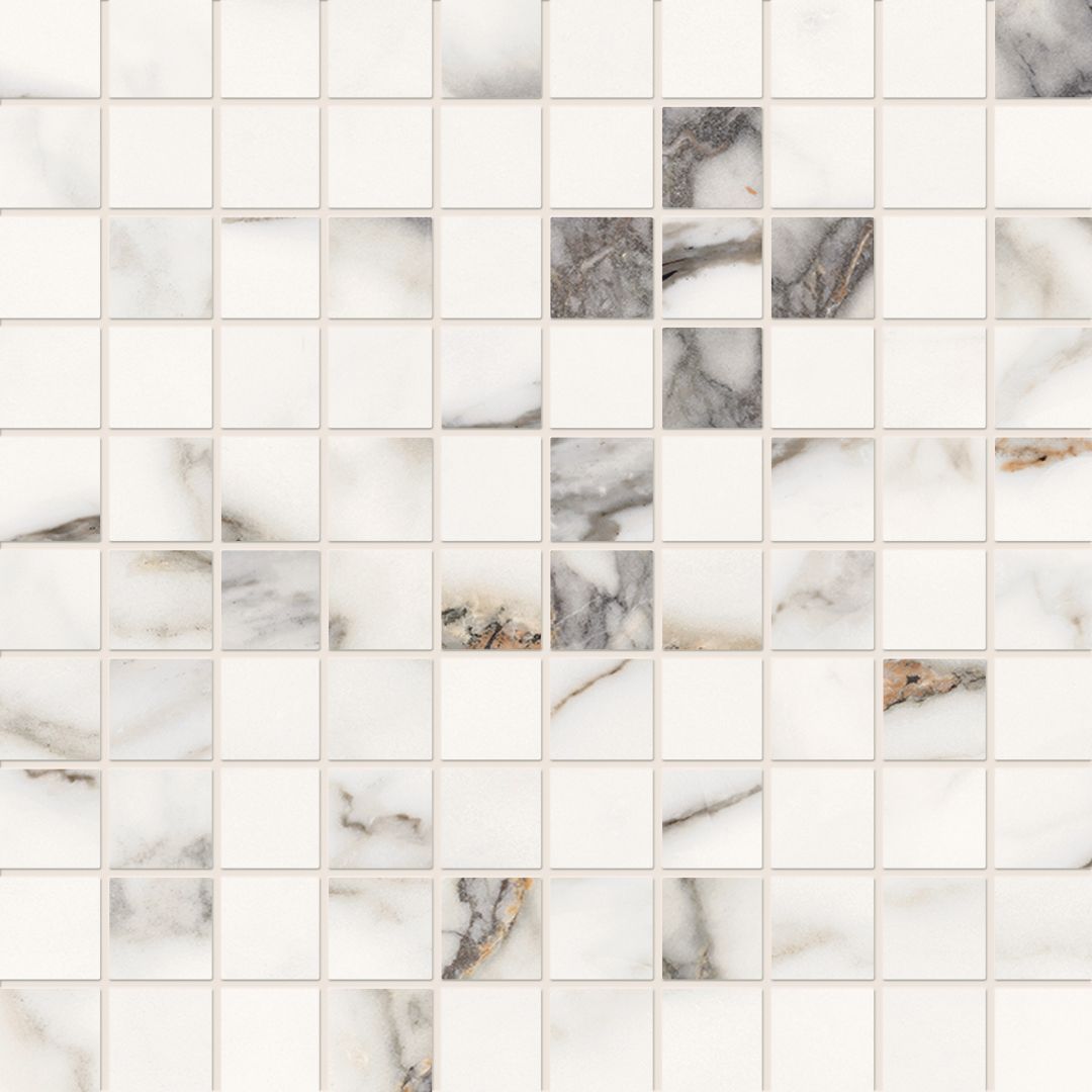 Unique Marble Paonazzetto porcelain mosaic tile by Emil, 11 13/16"x11 13/16"x9.5-mm size. Premium Italian porcelain for floors and walls.