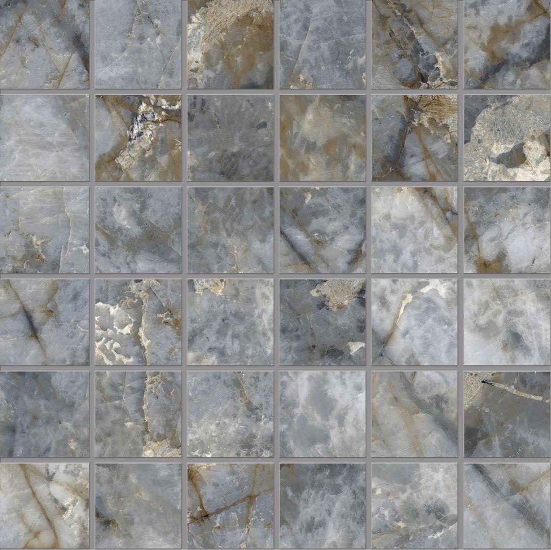 Tele Di Marmo Revolution Blu Ande porcelain mosaic tile by Emil, full lappato finish, 11 13/16"x11 13/16"x9.5-mm size. Premium Italian porcelain for floors and walls.