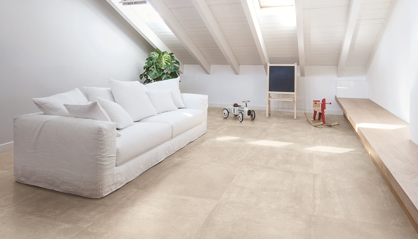 Be-Square SAND porcelain trim piece by Emil, naturale finish, 3"x24" size. Premium Italian porcelain for floors and walls.