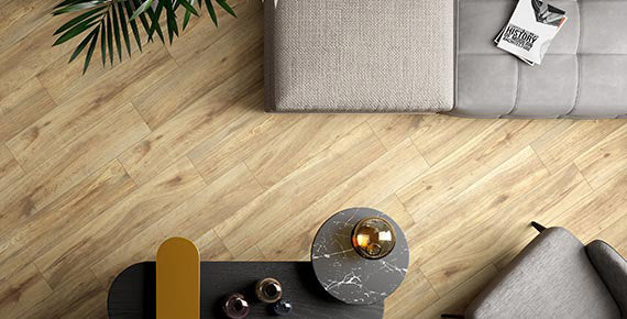 SEQUOIA Blonde porcelain field tile, lifestyle installation view 1, 8"×40"×5/16" size. Premium porcelain for floors and walls.