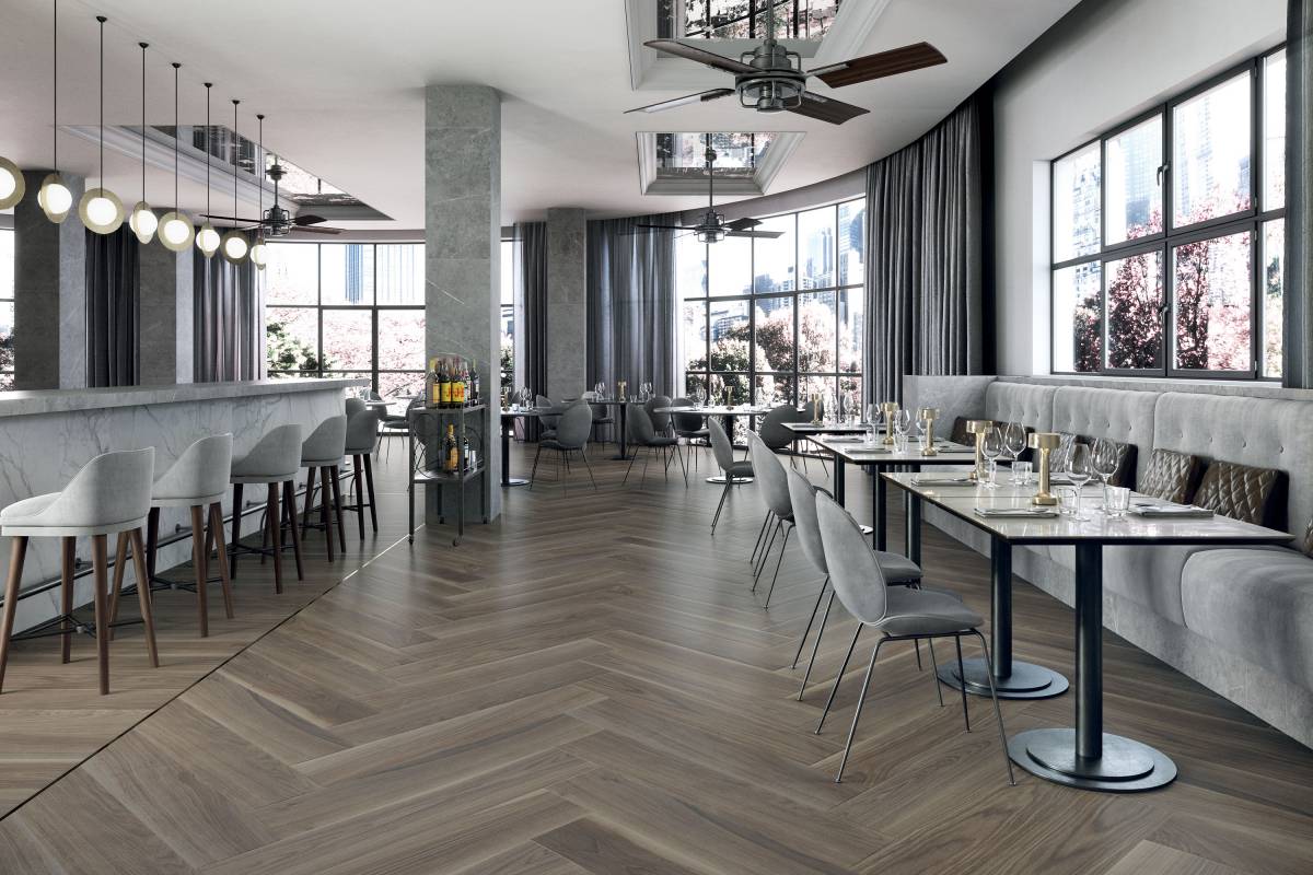 EMOTION Happy Walnut porcelain trim, lifestyle installation view 4, 6"×12"×11/32" size. Premium porcelain for floors and walls.