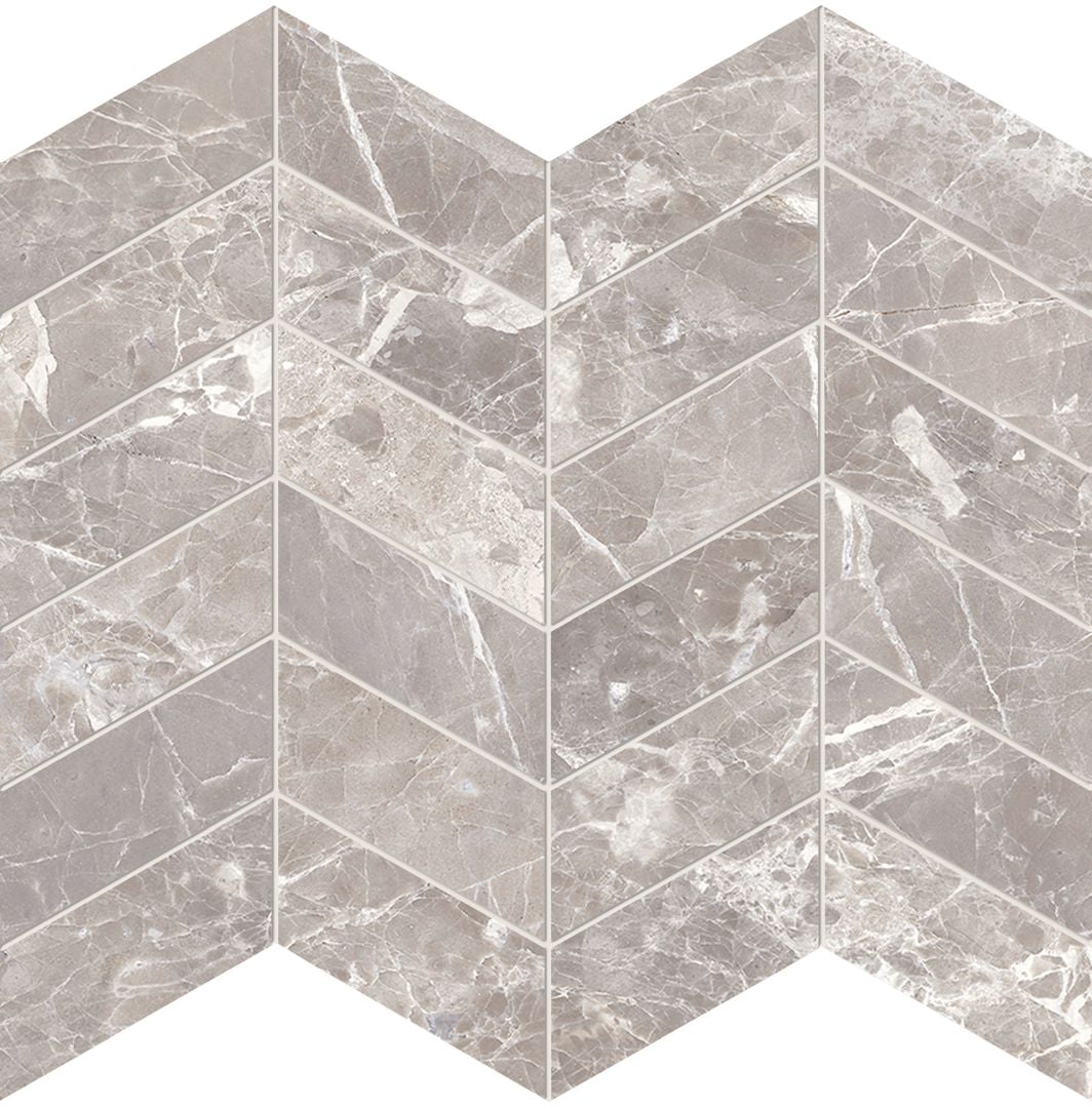 Unique Marble Moon Grey porcelain mosaic tile by Emil, 11 13/16"x11 13/16"x9.5-mm size. Premium Italian porcelain for floors and walls.