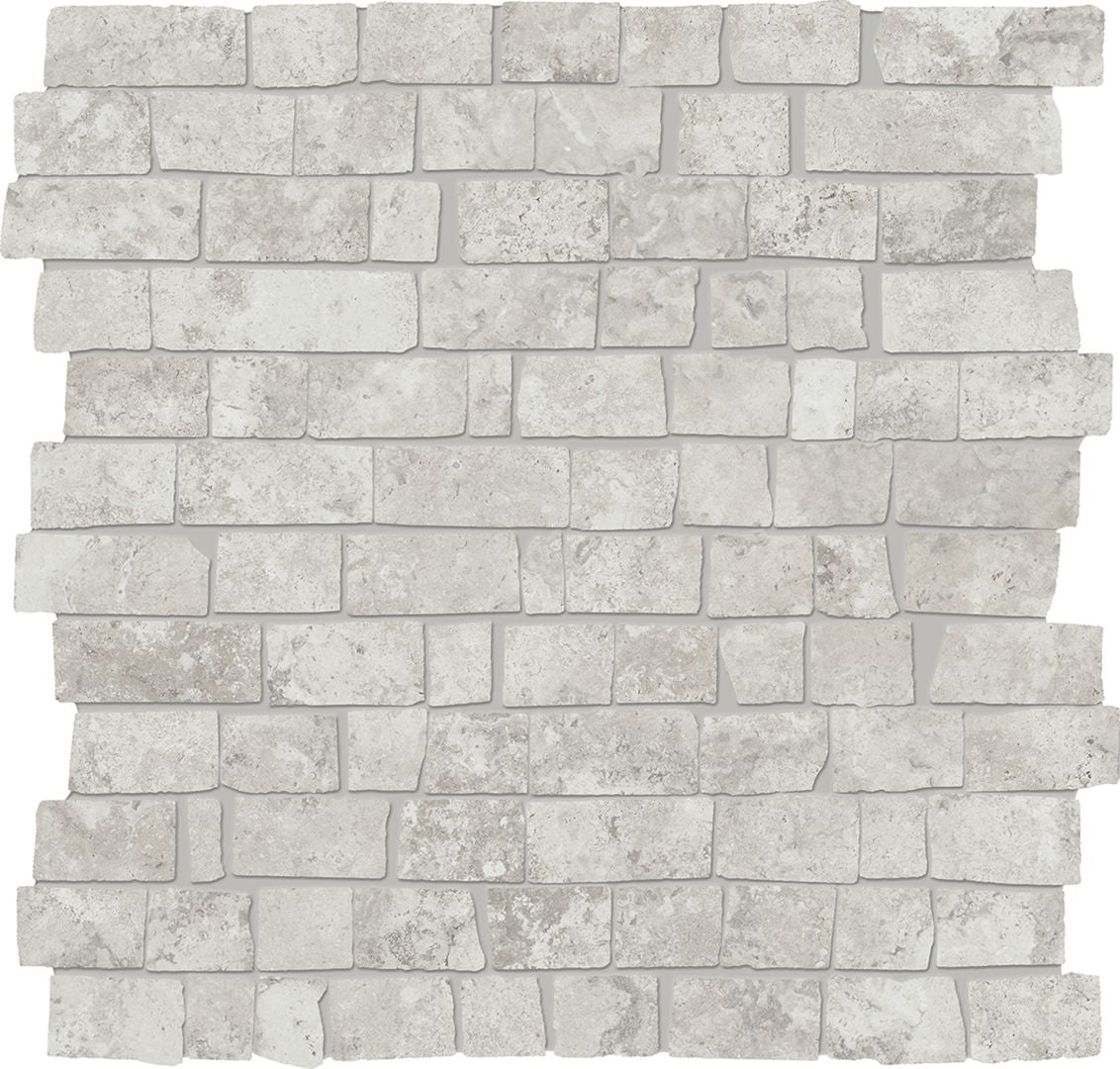 Unique Travertine Silver porcelain mosaic tile by Emil, 11 13/16"x11 13/16"x9.5-mm size. Premium Italian porcelain for floors and walls.