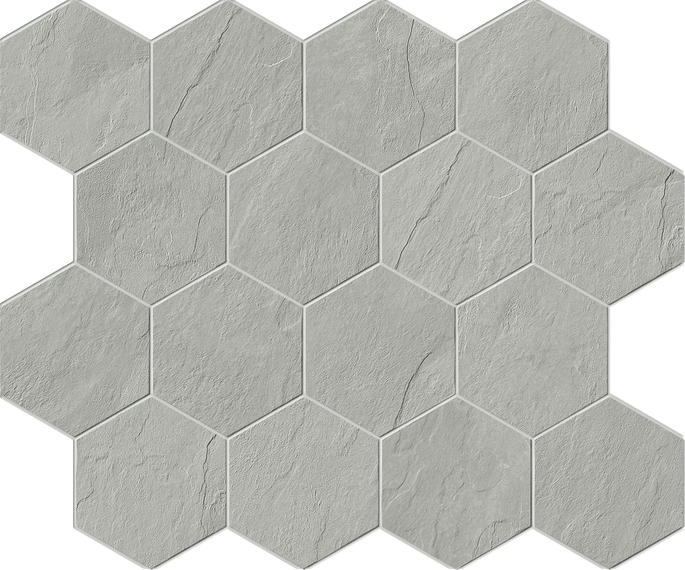 Essence Montauk Grey porcelain mosaic, top-down product view, 12"×10"×11/32" size. Premium porcelain for floors and walls.