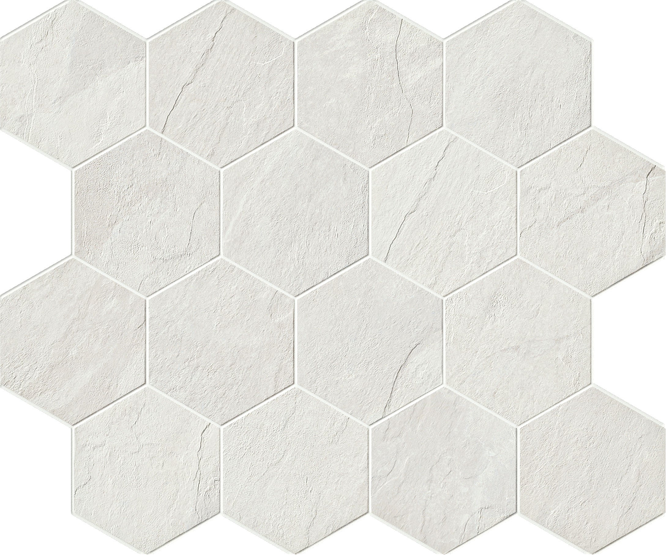 Essence Montauk White porcelain mosaic, top-down product view, 12"×12"×11/32" size. Premium porcelain for floors and walls.