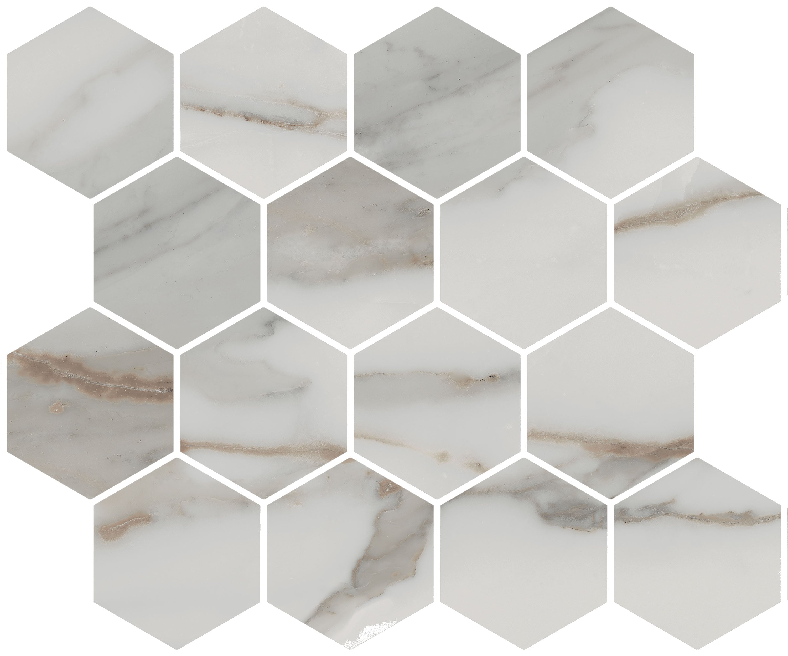 CHARME Calacatta Gold porcelain mosaic, top-down product view, 12"×10"×11/32" size. Premium porcelain for floors and walls.
