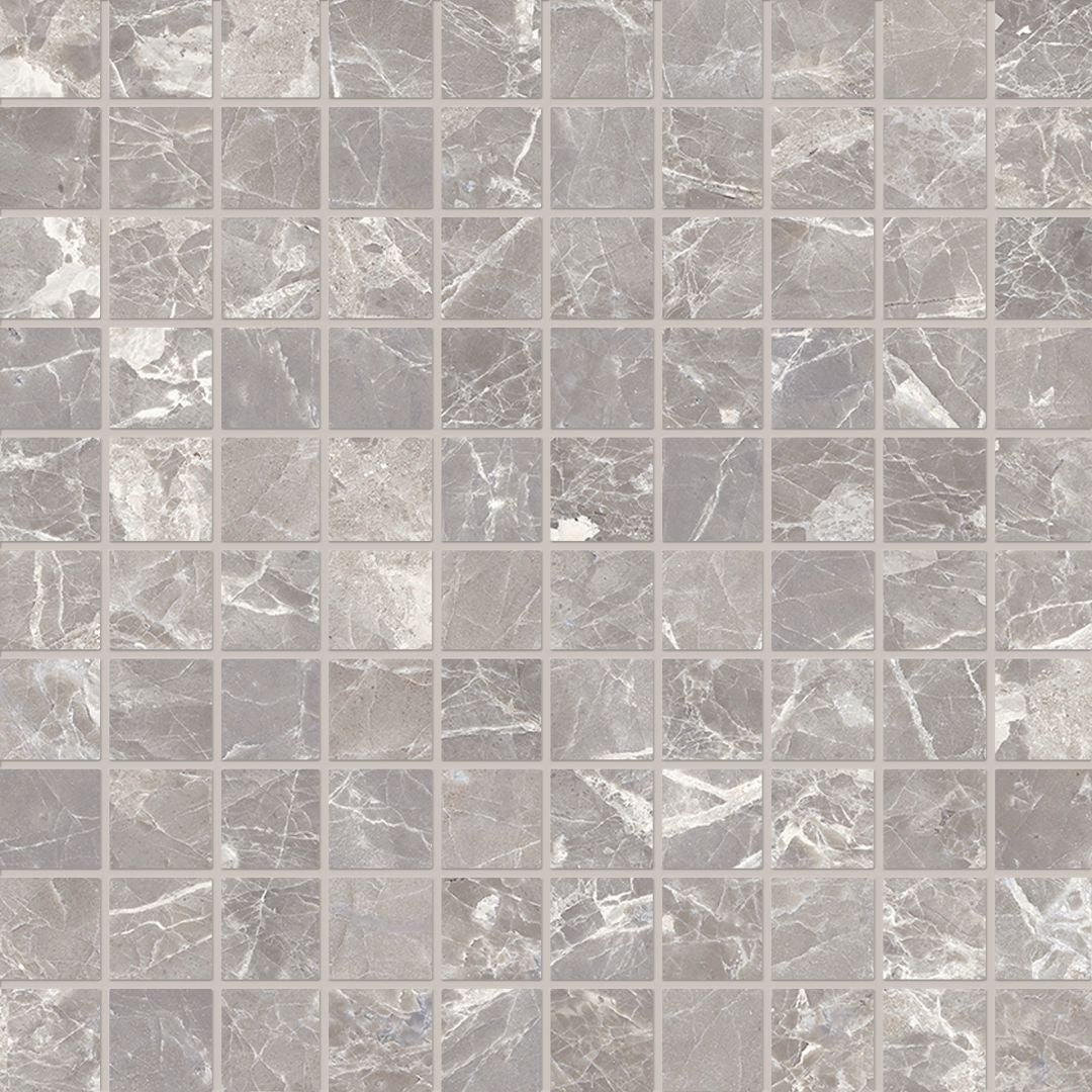Unique Marble Moon Grey porcelain mosaic tile by Emil, 11 13/16"x11 13/16"x9.5-mm size. Premium Italian porcelain for floors and walls.