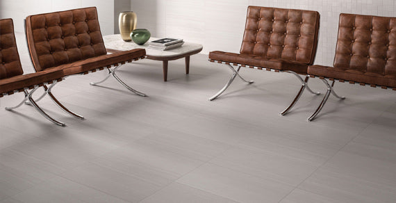 WASHINGTON Platinum porcelain trim, lifestyle installation view 2, 3"×24"×5/16" size. Premium porcelain for floors and walls.