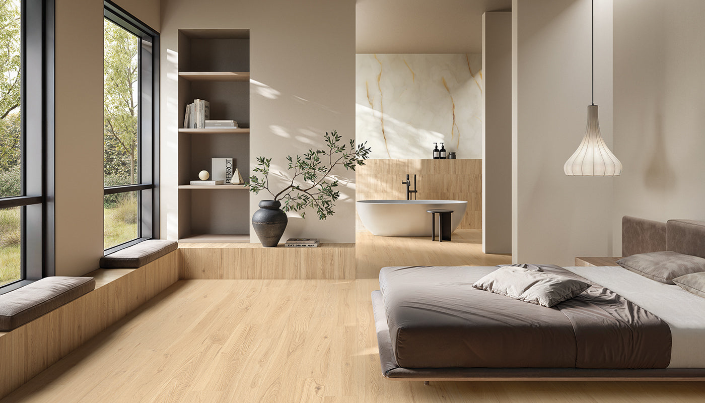 Playwood LIGHT OAK porcelain field tile by Emil, naturale finish, 8"x48" size. Premium Italian porcelain for floors and walls.