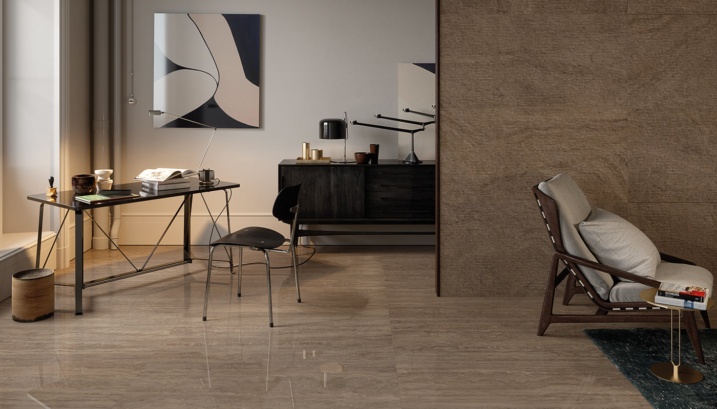 Unique Travertine Chocolate porcelain field tile by Emil, naturale finish, 23 5/8"x47 1/4"x9.5-mm size. Premium Italian porcelain for floors and walls.