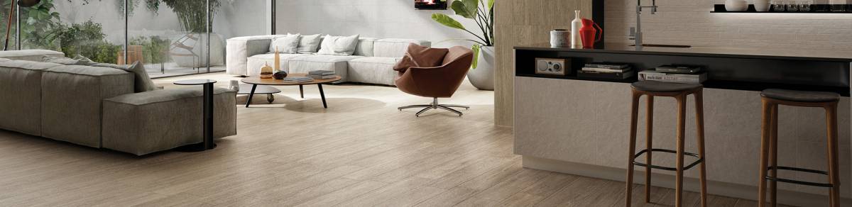 SPIRIT Elegant Oak porcelain field tile, lifestyle installation view 1, 8"×40"×11/32" size. Premium porcelain for floors and walls.