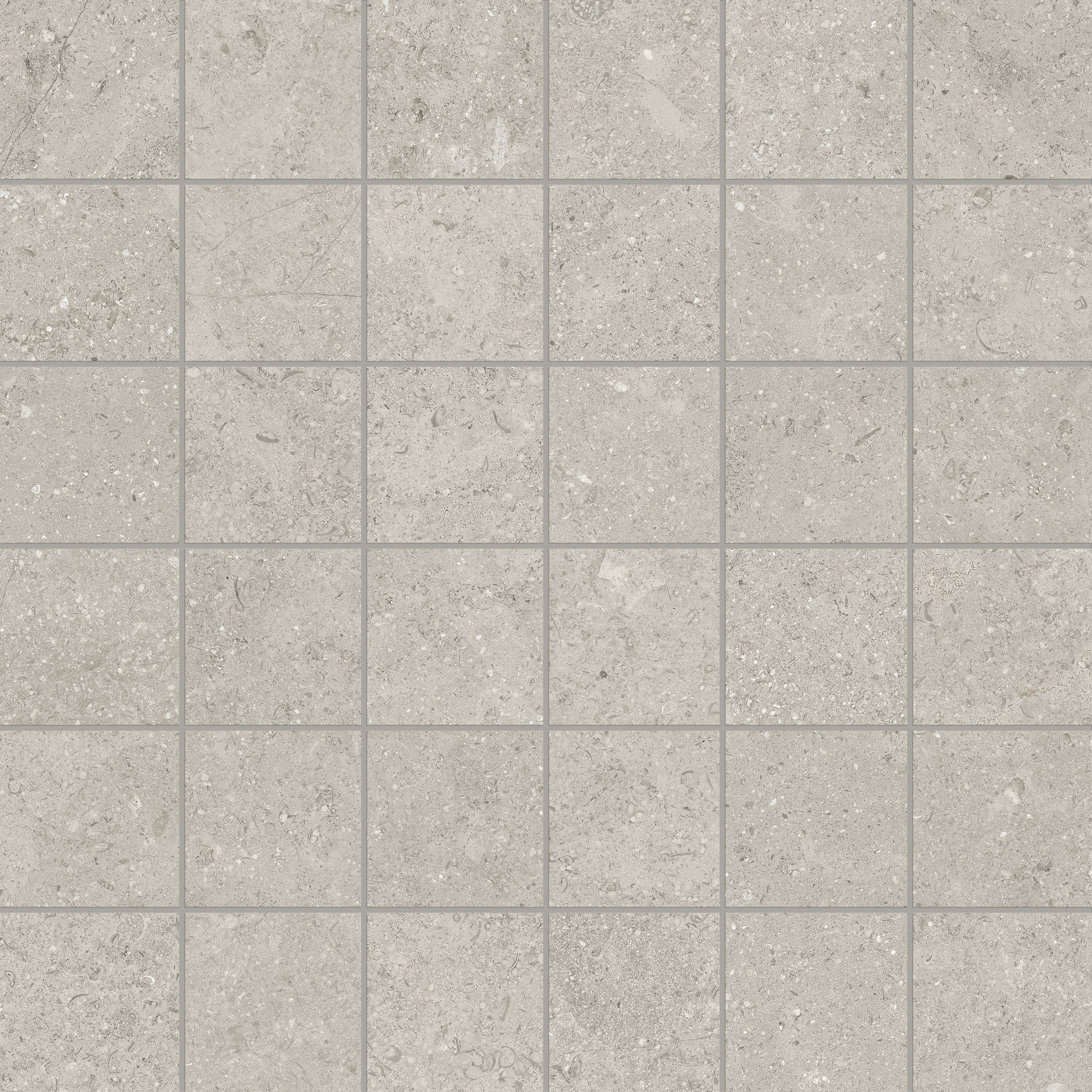 Mood Ash porcelain mosaic, top-down product view, 12"×12"×11/32" size. Premium porcelain for floors and walls.