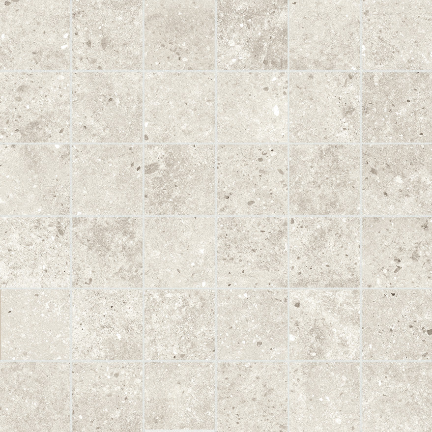 Berlin Ivory porcelain mosaic, top-down product view, 12"×12"×5/16" size. Premium porcelain for floors and walls.