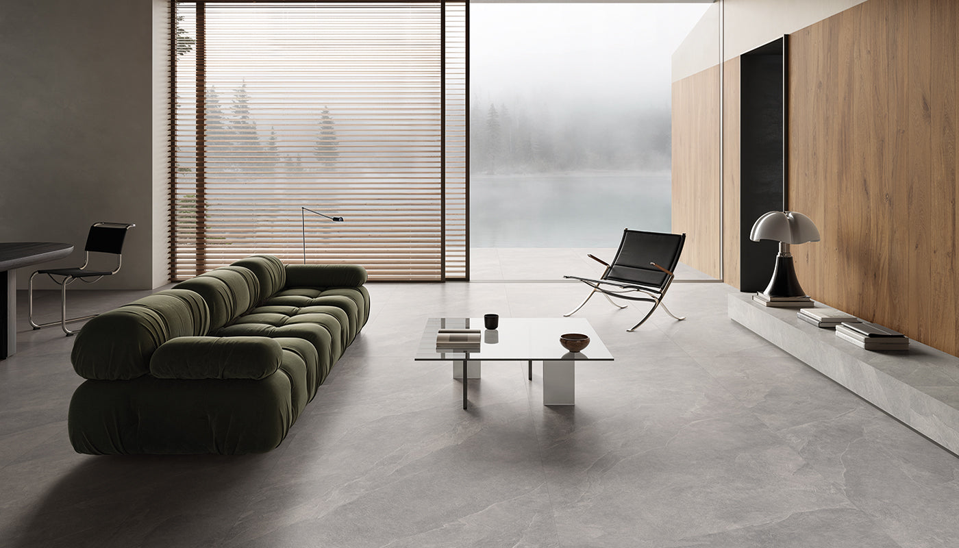 Cornerstone Evolution SLATE GREY porcelain field tile by Emil, naturale finish, 18"x36" size. Premium Italian porcelain for floors and walls.