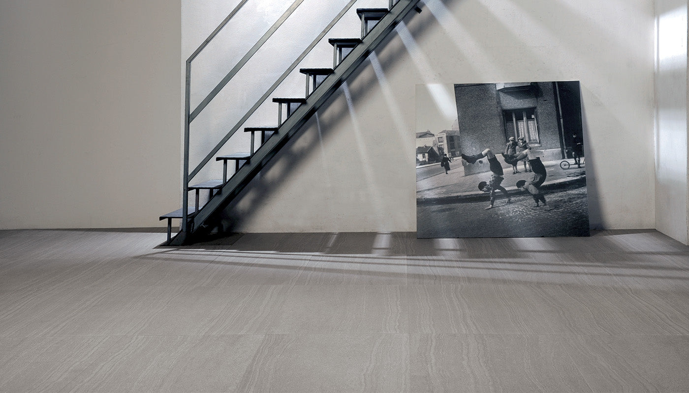 Stone Project GREY porcelain mosaic tile by Emil, lappato finish, 6"x48" size. Premium Italian porcelain for floors and walls.