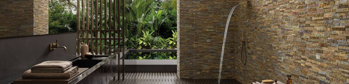 VENEER WORLD PRO LEDGESTONE CANYON Summer porcelain trim, lifestyle installation view 1, 5 3/4"×24"×11/32" size. Premium porcelain for floors and walls.