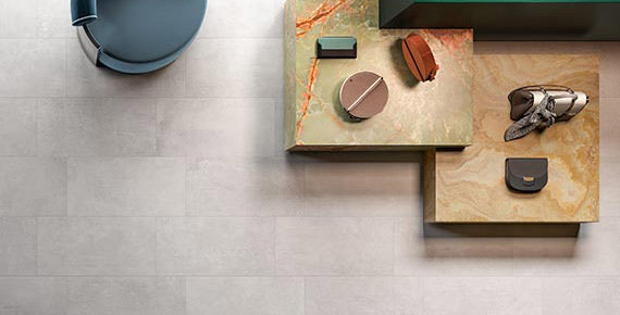 PORTLAND Ash porcelain trim, lifestyle installation view 1, 3"×24"×5/16" size. Premium porcelain for floors and walls.
