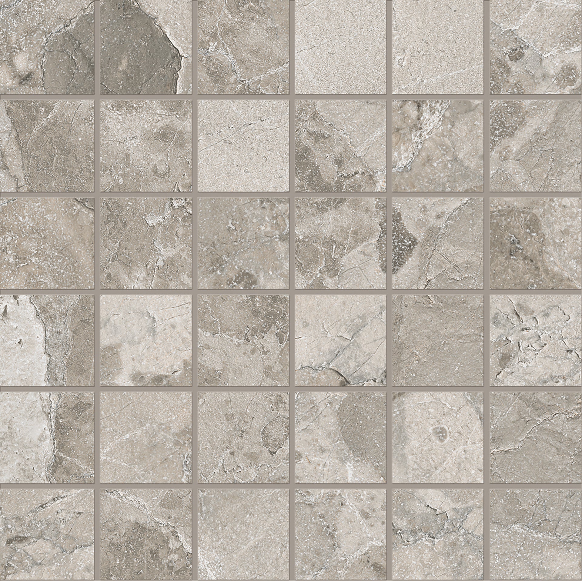 Matera Stone Dark Grey porcelain mosaic tile by Emil, silktech finish, 11 13/16"x11 13/16"x9-mm size. Premium Italian porcelain for floors and walls.