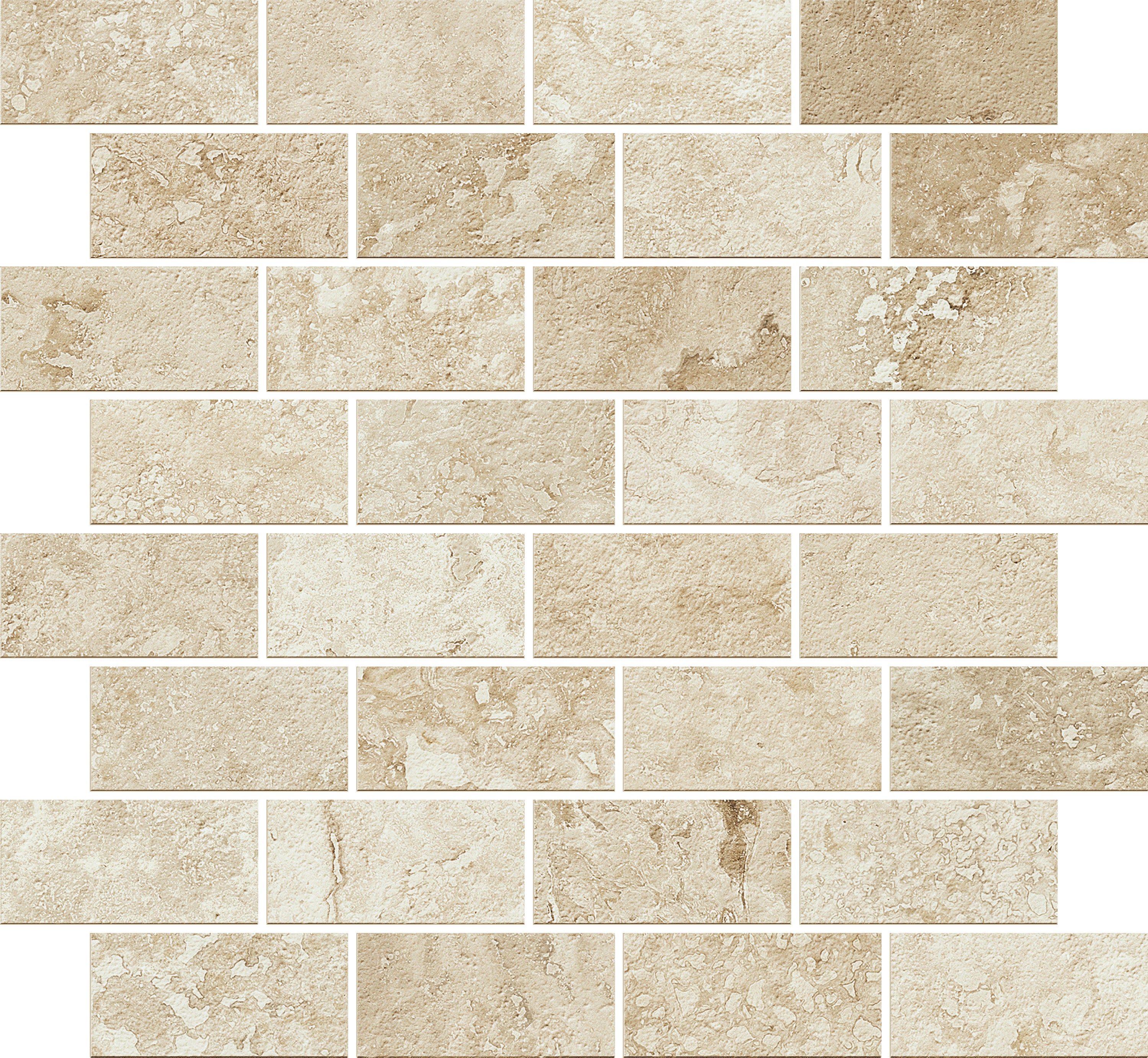 Trail Cross Cut Beige porcelain mosaic, top-down product view, 12"×12"×11/32" size. Premium porcelain for floors and walls.