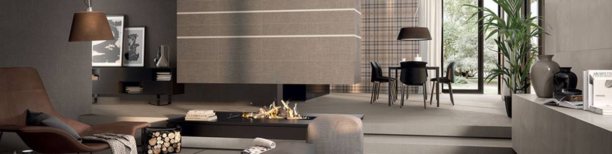 SOUL Dw Coffee Cloth porcelain trim, lifestyle installation view 1, 6"×12"×11/32" size. Premium porcelain for floors and walls.