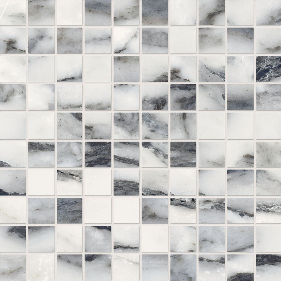 Unique Marble Bianco Siena porcelain mosaic tile by Emil, 11 13/16"x11 13/16"x9.5-mm size. Premium Italian porcelain for floors and walls.