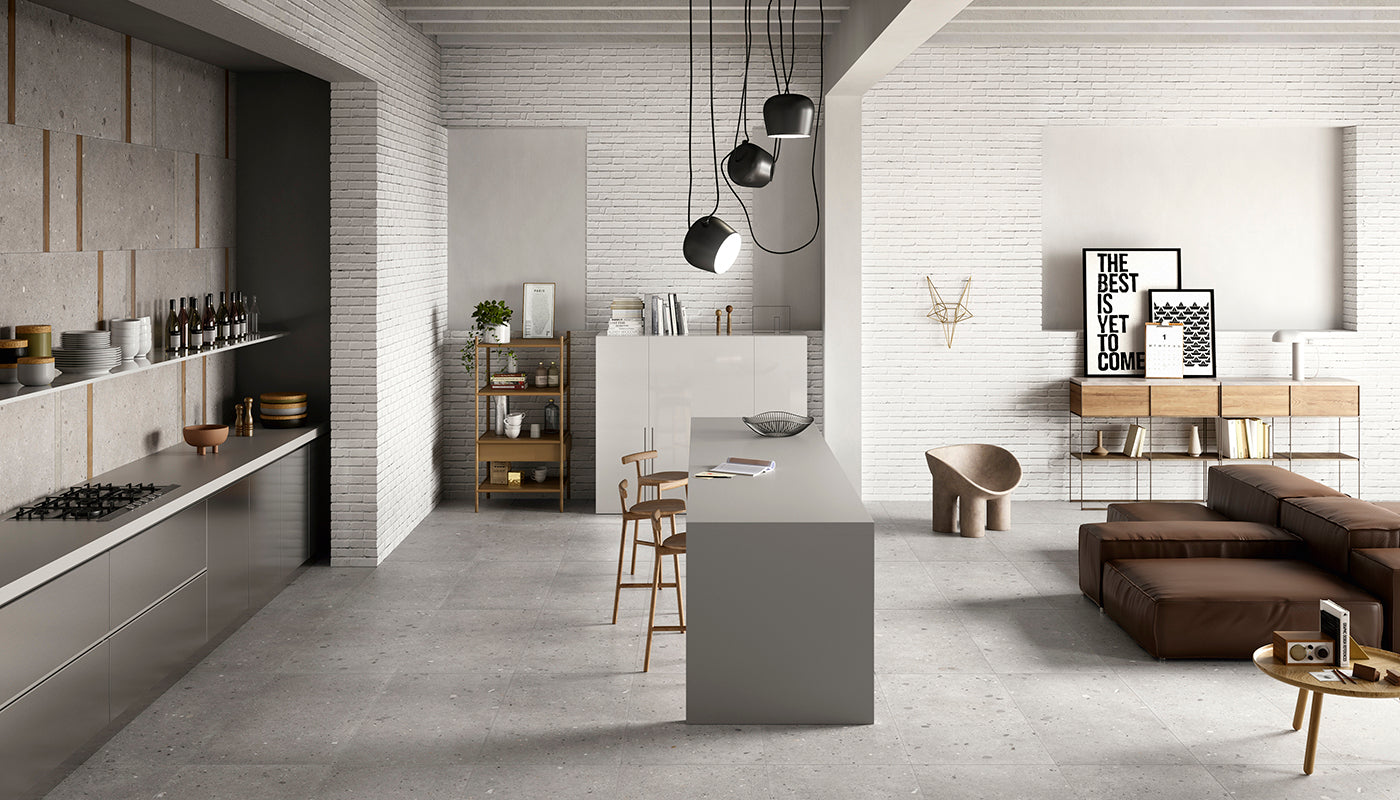 Ego Grigio porcelain field tile by Emil, tecnica finish, 23 5/8"x47 1/4"x9.5-mm size. Premium Italian porcelain for floors and walls.