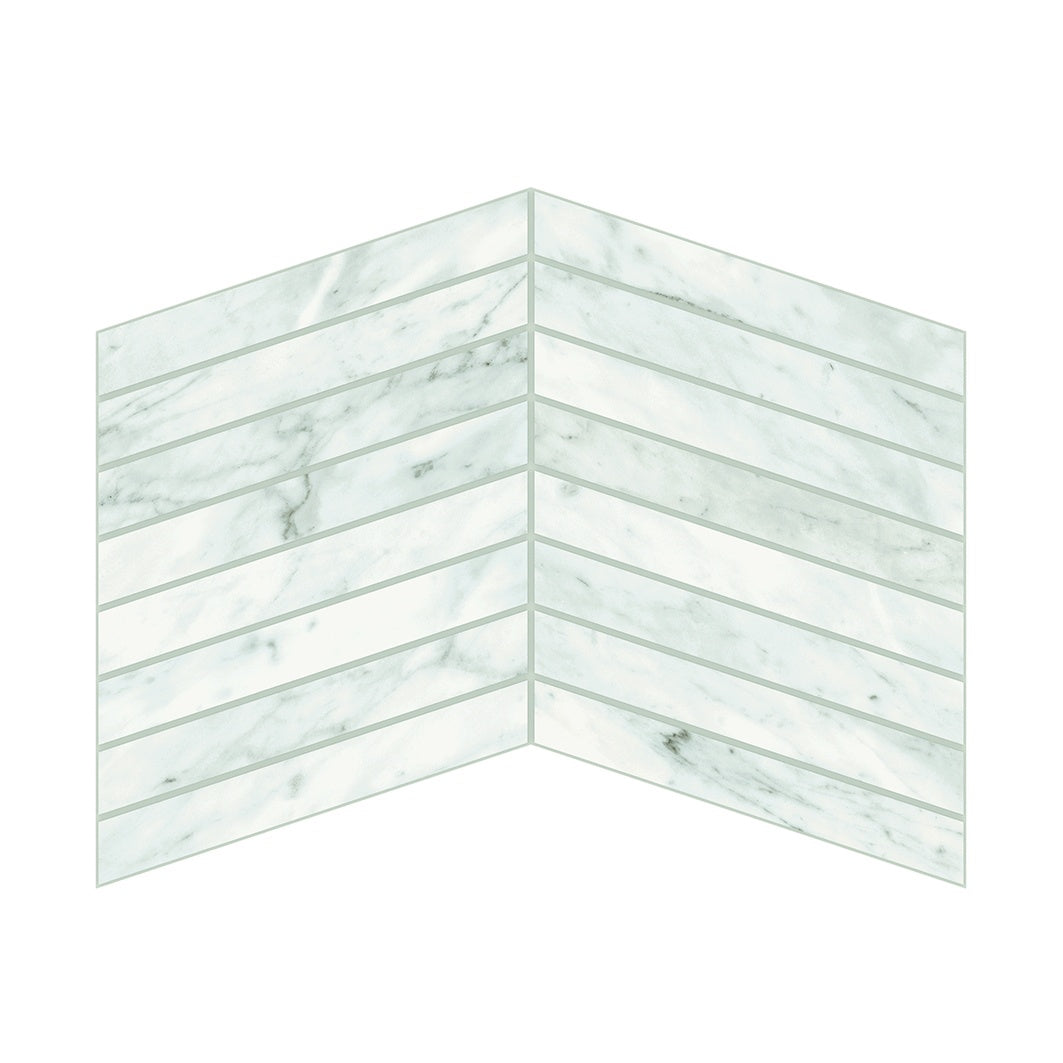 Elegant Carrara marble-look porcelain chevron mosaic with soft gray veins in a refined matte finish for timeless interiors.