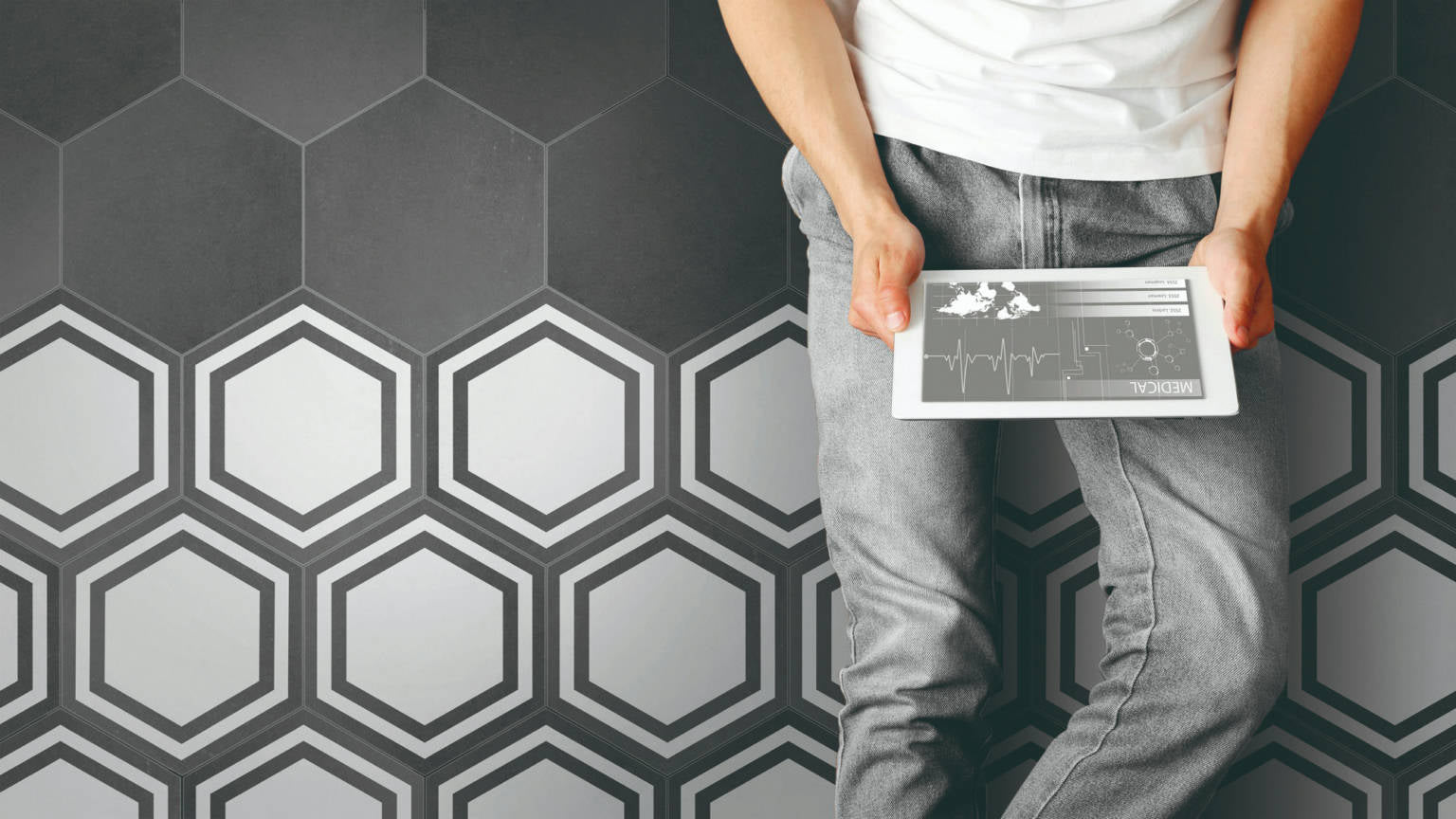 FLOOR: Black Hexagon Framed Porcelain Field Deco Tile (8"x9" | semi-matte)