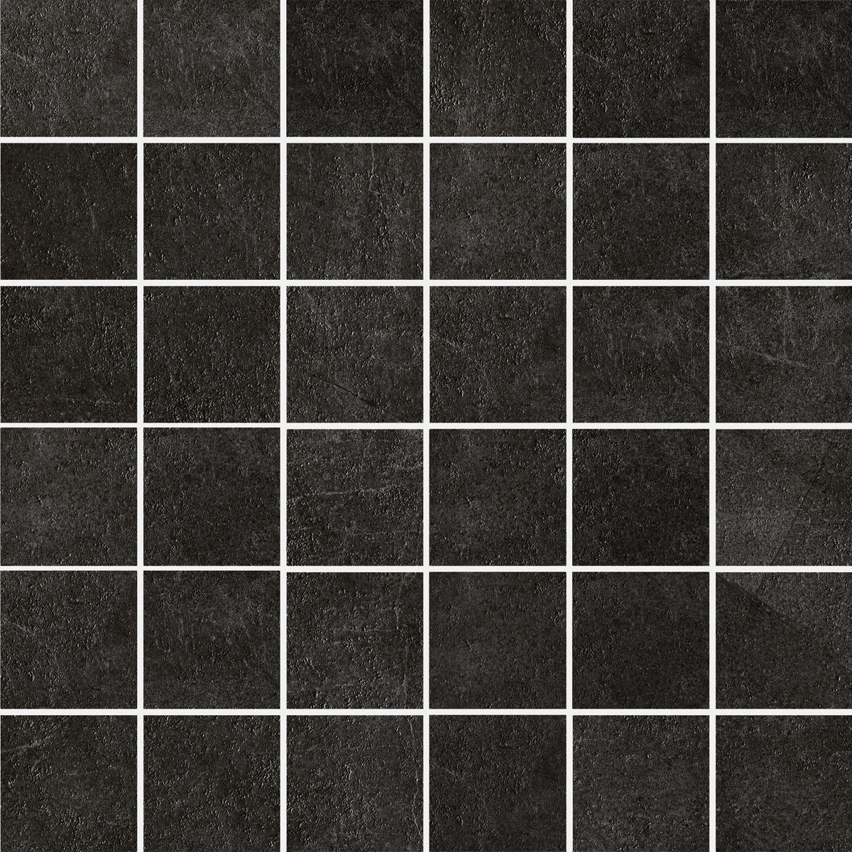 Dark grey porcelain mosaic tiles with a matte finish, interlocking squares in a sleek straight-stack pattern for refined minimalist spaces.
