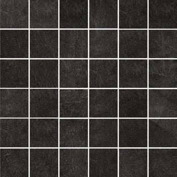 Dark grey porcelain mosaic tiles with a matte finish, interlocking squares in a sleek straight-stack pattern for refined minimalist spaces.