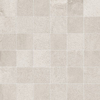 Matte white porcelain mosaic with soft concrete texture, interlocking squares in a refined straight-stack pattern, exuding serene industrial elegance.