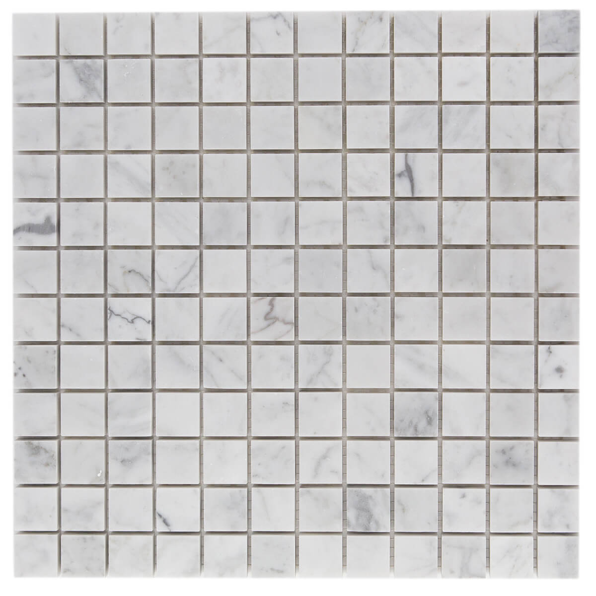 Carrara Bianco interlocking stone mosaic with 1x1 pattern size, 12"x12"x3/8" dimensions, and high frost resistance.