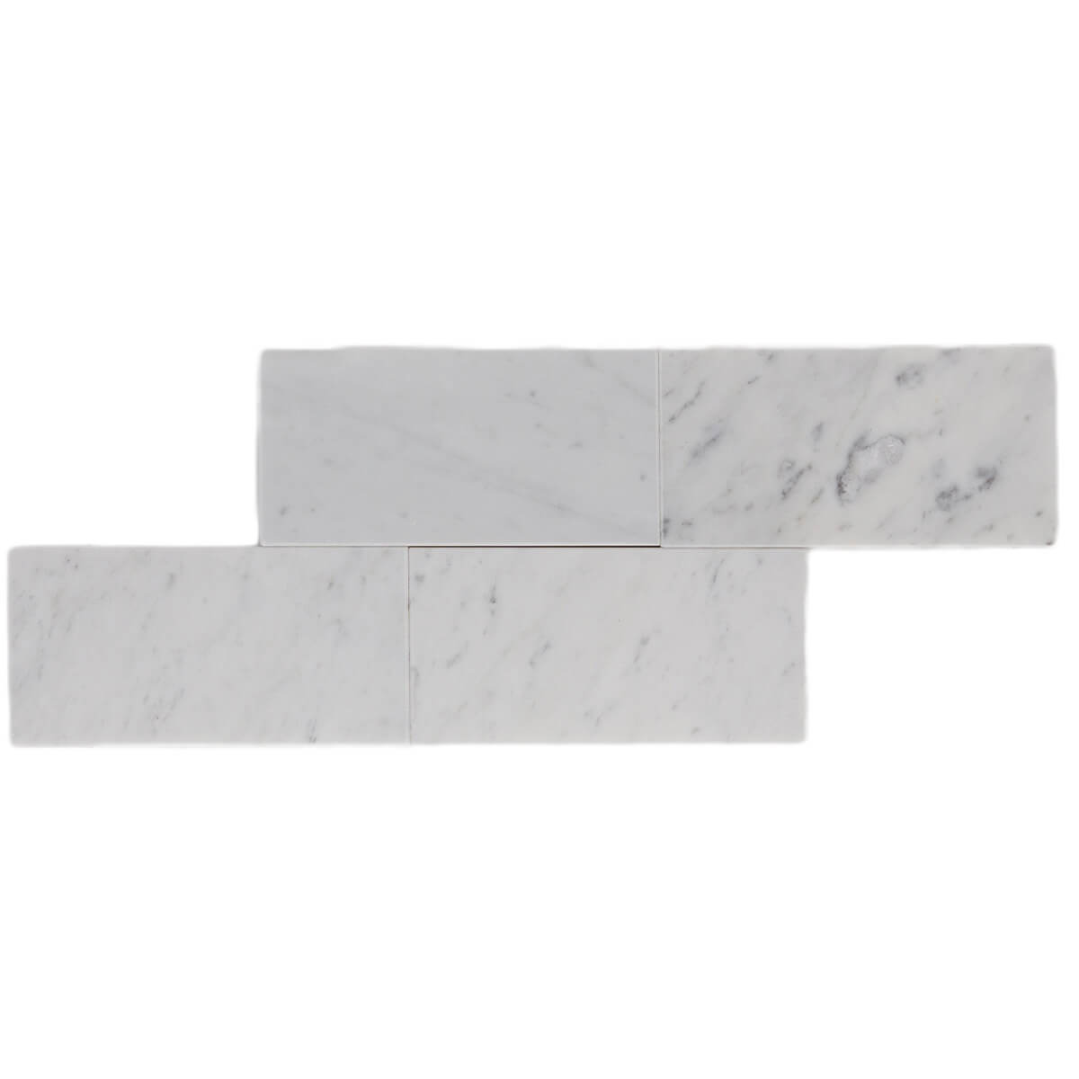 Carrara Bianco marble field tiles, 3x6 inches, 0.375 inches thick, straight edge.