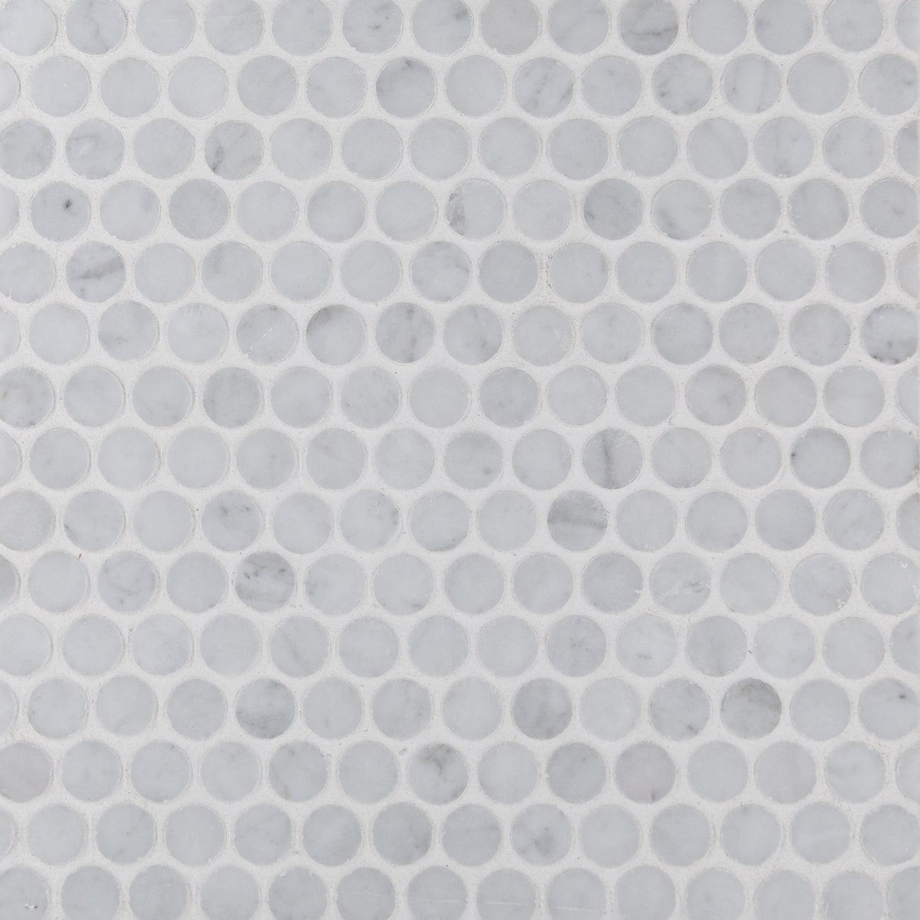 Carrara Bianca marble mosaic with penny-round pattern, 12x12x0.375 inches