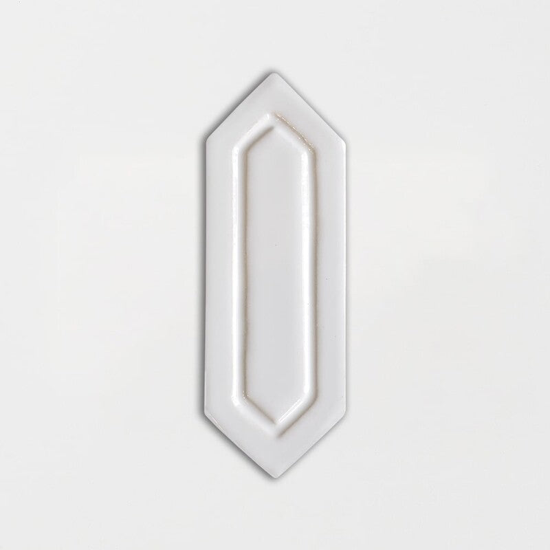 STATUS CERAMIC: Royal White Reliefed Picket Field Deco Tile (glossy | 2"x6"x3/8" | beveled)