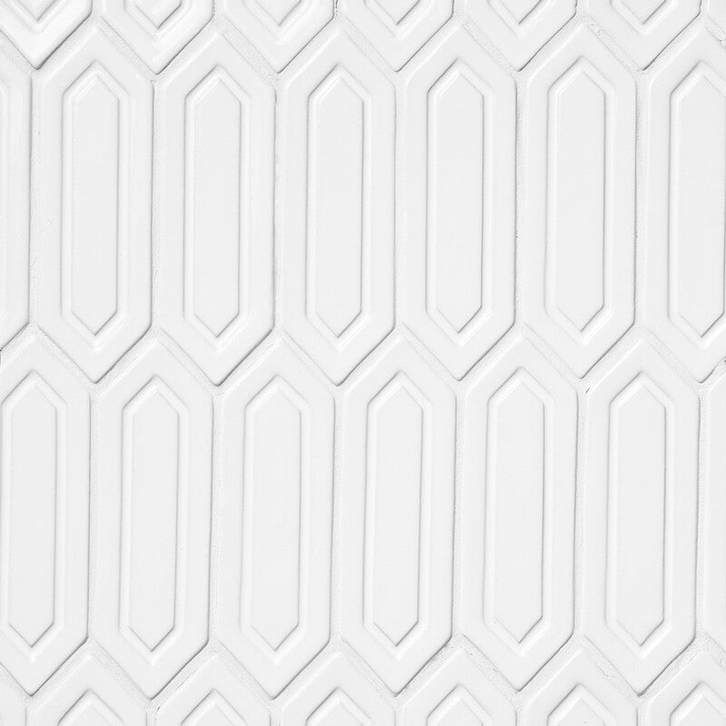 STATUS CERAMIC: Royal White Reliefed Picket Field Deco Tile (glossy | 2"x6"x3/8" | beveled)
