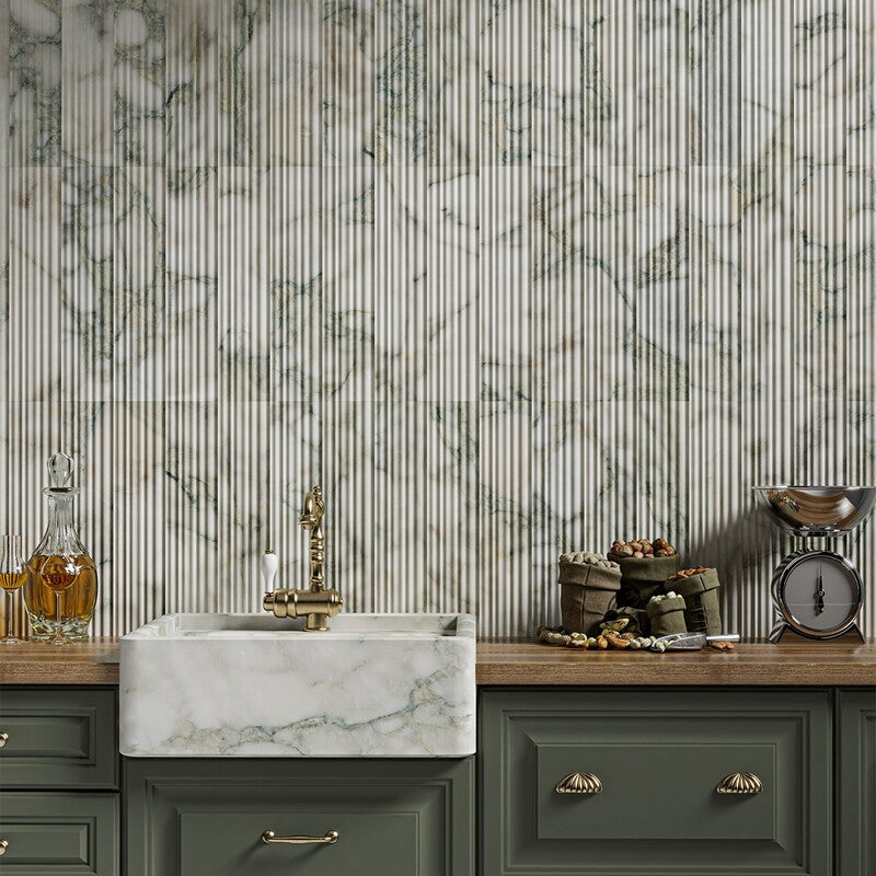 FLUTED: Calacatta Green Field Deco Tile (honed | 4"x18"x1/2" | straight cut)