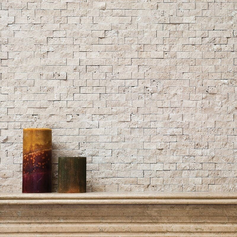 IVORY TRAVERTINE: 1X2 Staggered Joint Mosaic (rock face | 12"x12"x5/8" | straight cut)