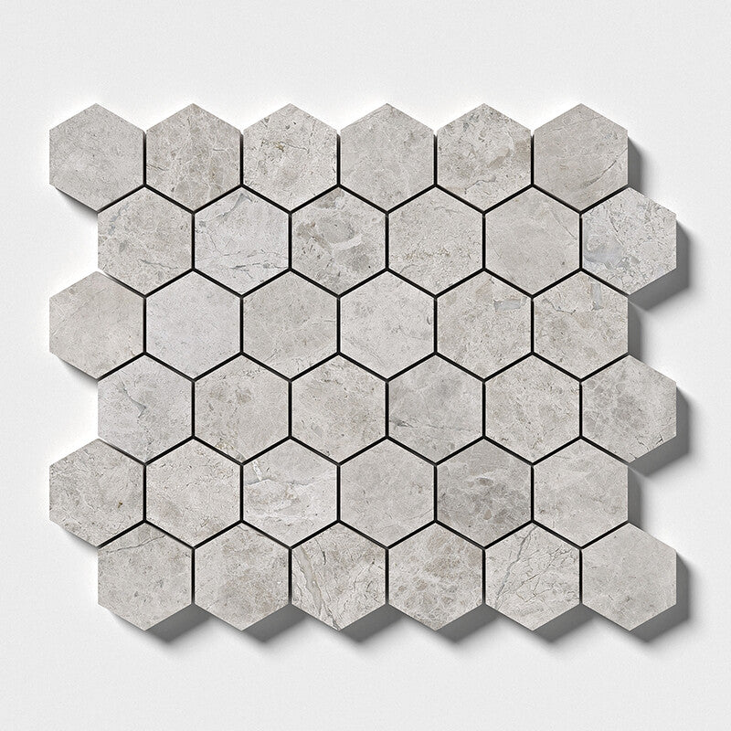 SILVER CLOUDS : Hexagon Mosaic (polished | 10"x12"x3/8" | straight cut)