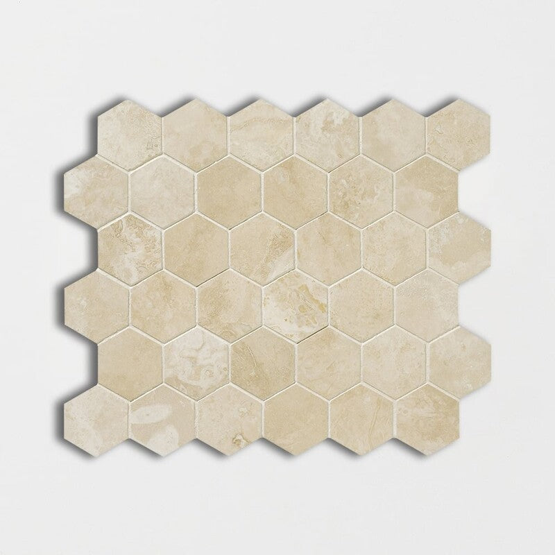 IVORY TRAVERTINE: Hexagon Mosaic (honed filled | 10"x12"x3/8" | straight cut)