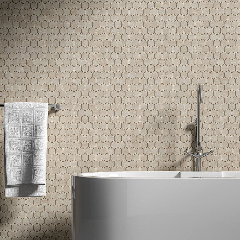 IVORY TRAVERTINE: Hexagon Mosaic (honed filled | 10"x12"x3/8" | straight cut)