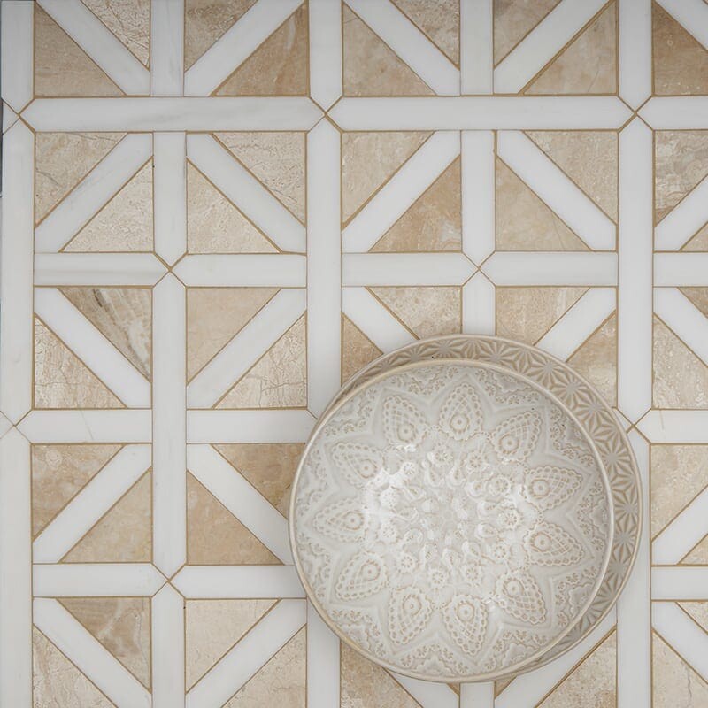 STUDIO : Diana Royal, Snow White Classic Lattice Mosaic (honed | 14"x14"x3/4" | straight cut)