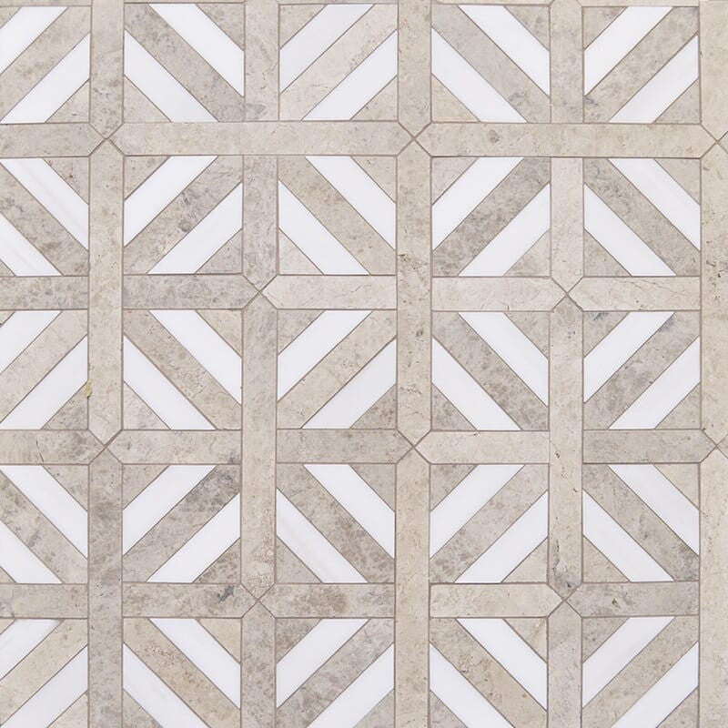 STUDIO : Snow White Ponte Basket Lattice Mosaic (honed | 14"x14"x13/16" | straight cut)