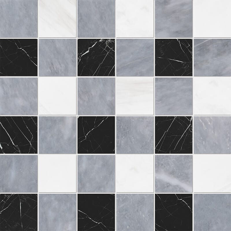 CHESTER PLAID : Snow White China Black 2X2 Straight Stack Mosaic (honed | 12"x12"x3/8" | straight cut)