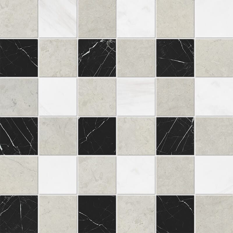 CHESTER PLAID : Snow White China Black 2X2 Straight Stack Mosaic (honed | 12"x12"x3/8" | straight cut)